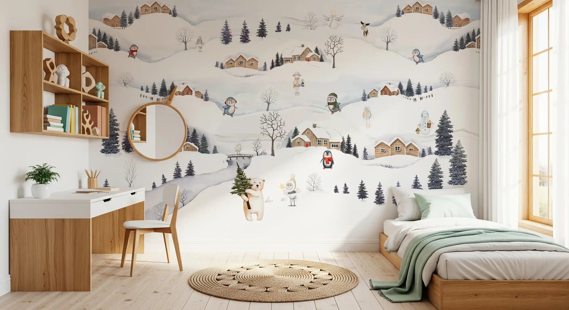 Snowy watercolour village mural shown on a kids' bedroom wall., GD10175
