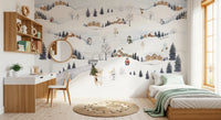 Snowy watercolour village mural shown on a kids' bedroom wall., GD10175