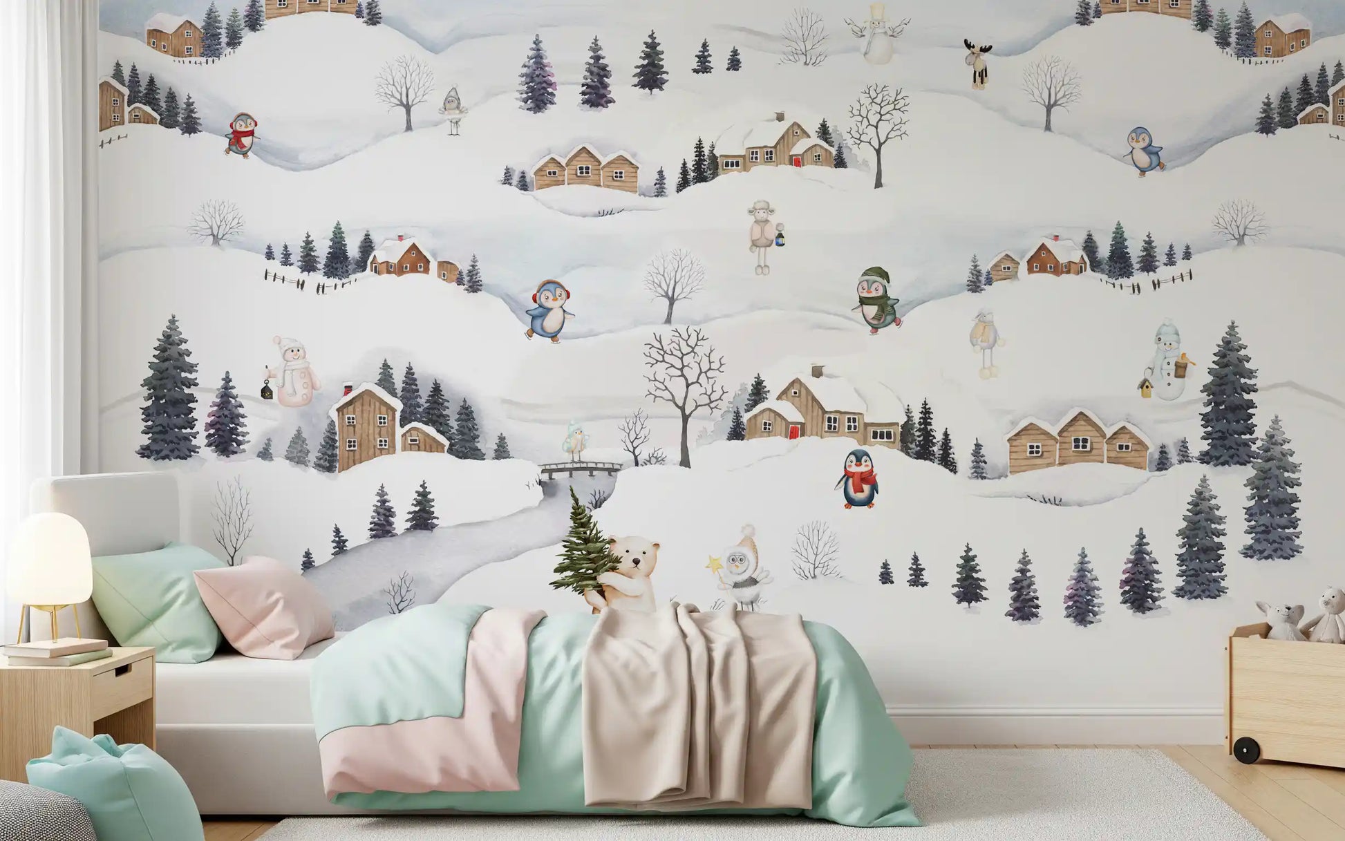 Penguins in striped scarves skating across a frozen stream on a winter wall mural., GD10175