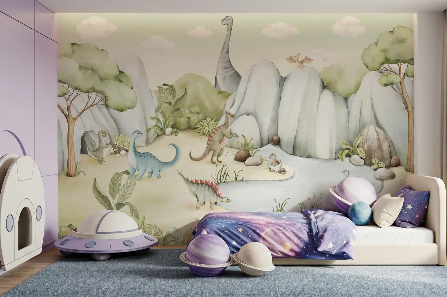 Flying pterosaur perched on a pale rocky hill wall mural in modern bedroom., GD10176