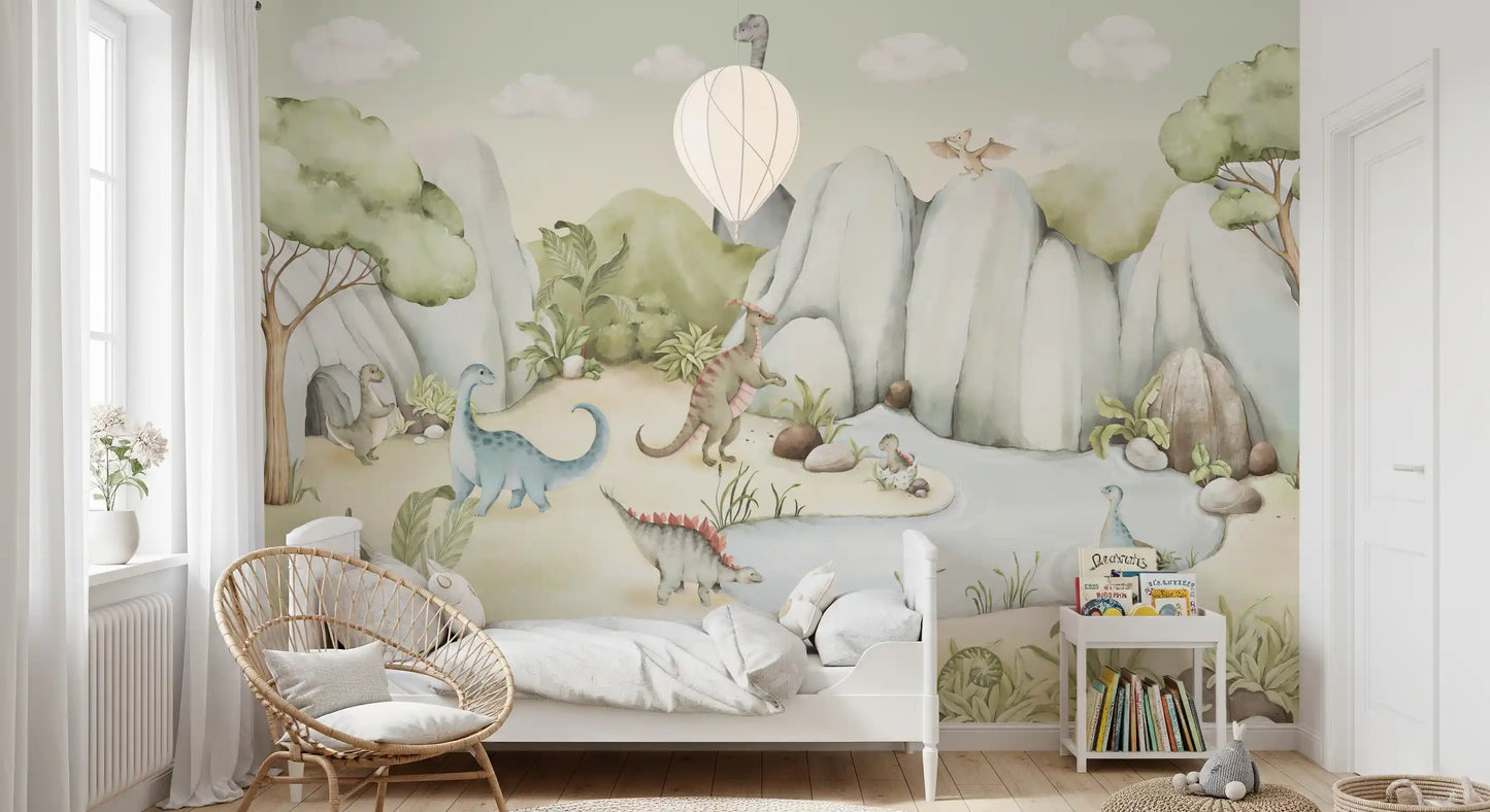 Watercolour dinosaur mural set across a feature wall in a kids bedroom., GD10176
