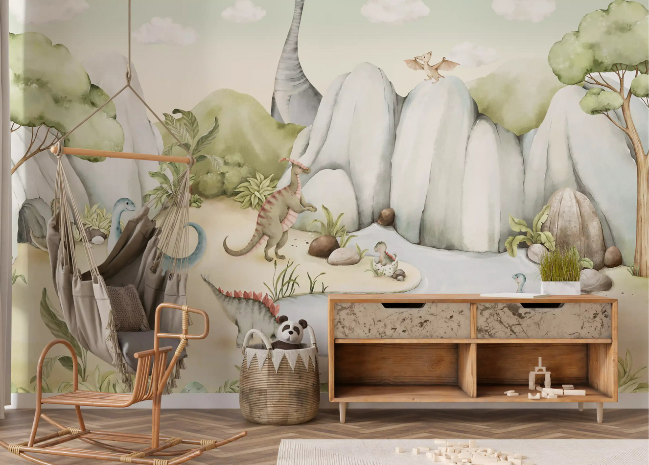 Watercolour dino world wall mural with friendly dinosaurs across a sandy valley in nursery.