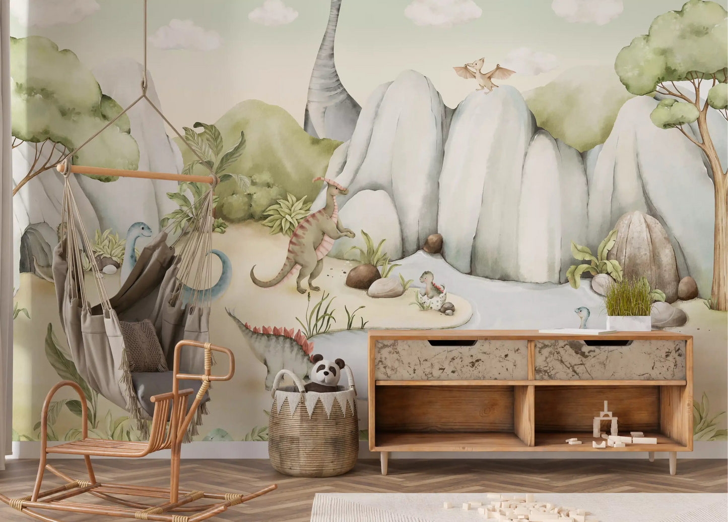 Watercolour dino world wall mural with friendly dinosaurs across a sandy valley in nursery., GD10176