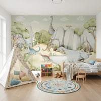Small hatchling dinosaur wall mural with rocks near a calm water pool., GD10176