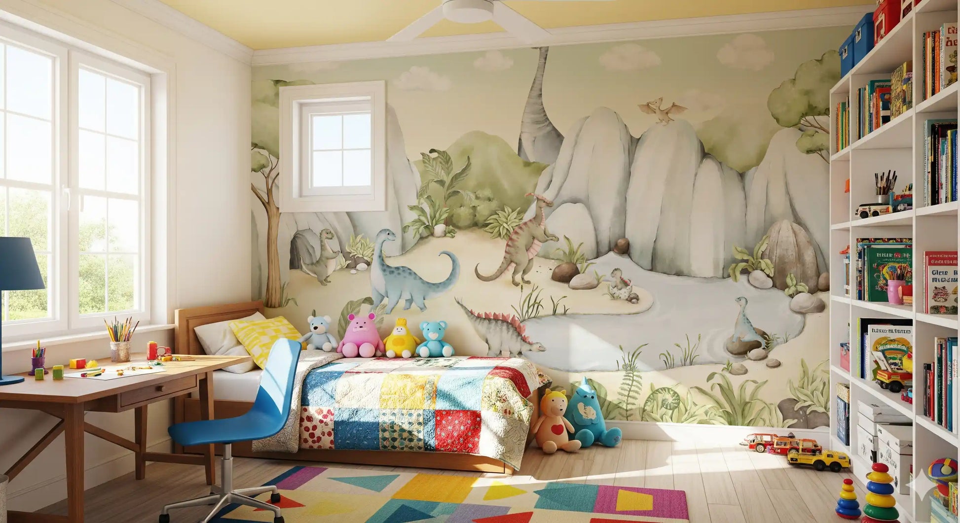 Friendly painted dinosaurs wall mural in light green grey and sand colours., GD10176