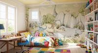 Friendly painted dinosaurs wall mural in light green grey and sand colours., GD10176