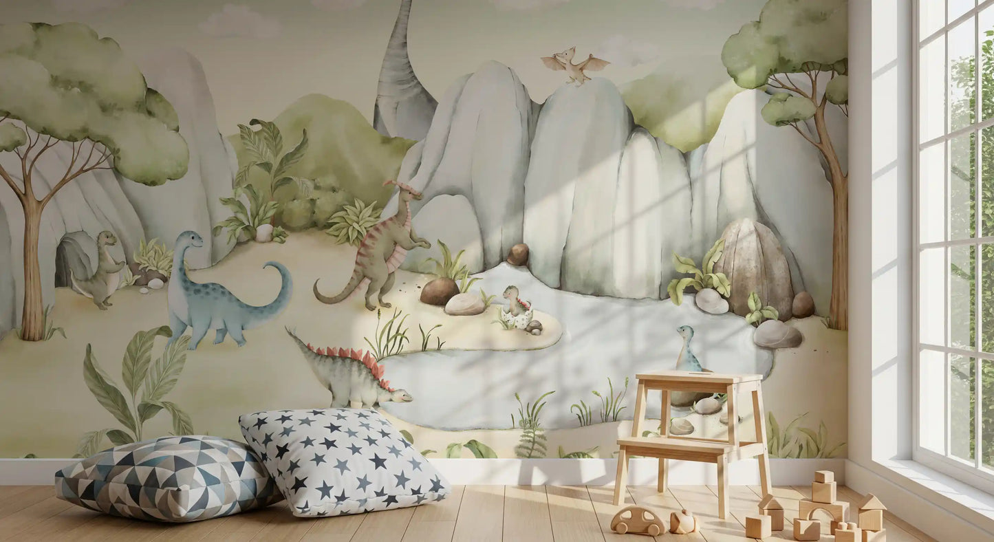 Plated stegosaurus walking beside a winding water pool in a painted scene wall mural., GD10176