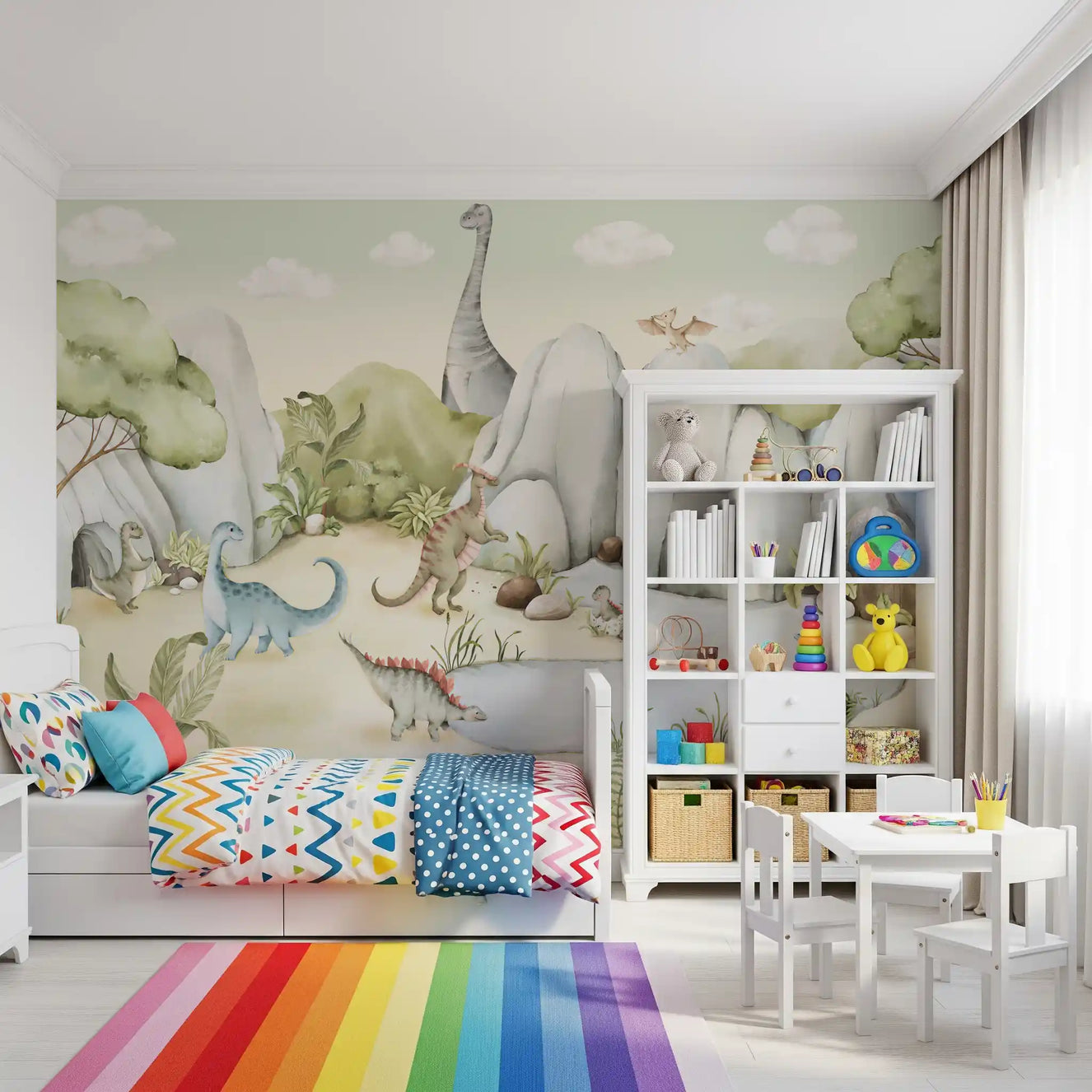 Long-necked sauropod and spotted blue dinosaur wall mural with ferns and pale rocks.