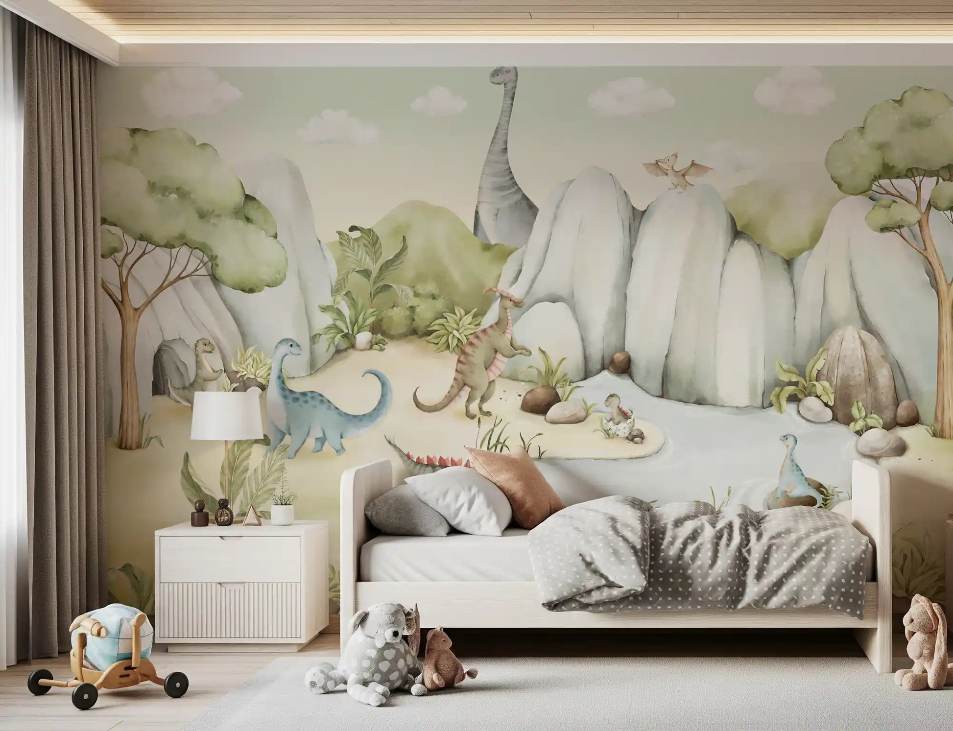 Watercolour dino world mural with soft matte tones and gentle colours., GD10176
