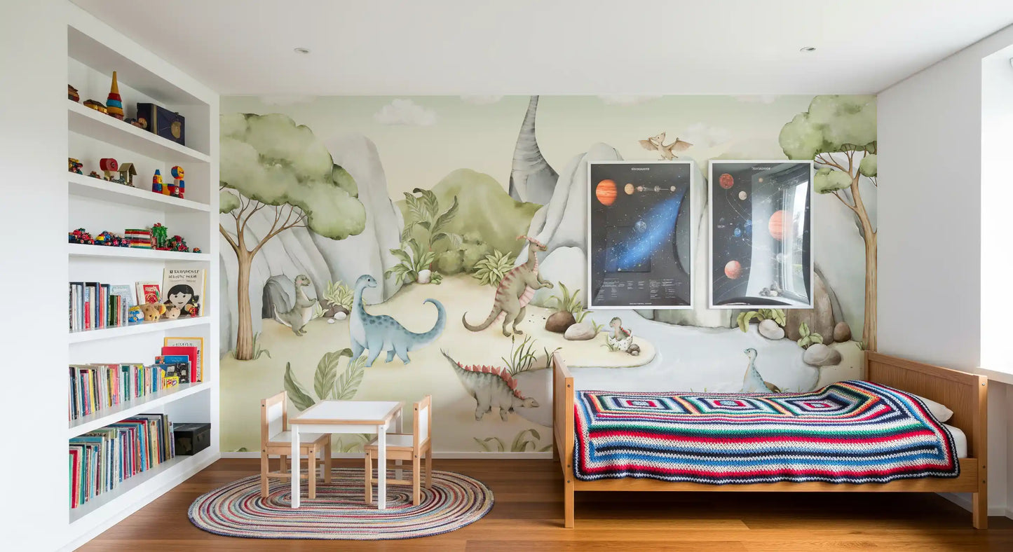 Muted mint and sand prehistoric mural with leafy plants and ferns., GD10176