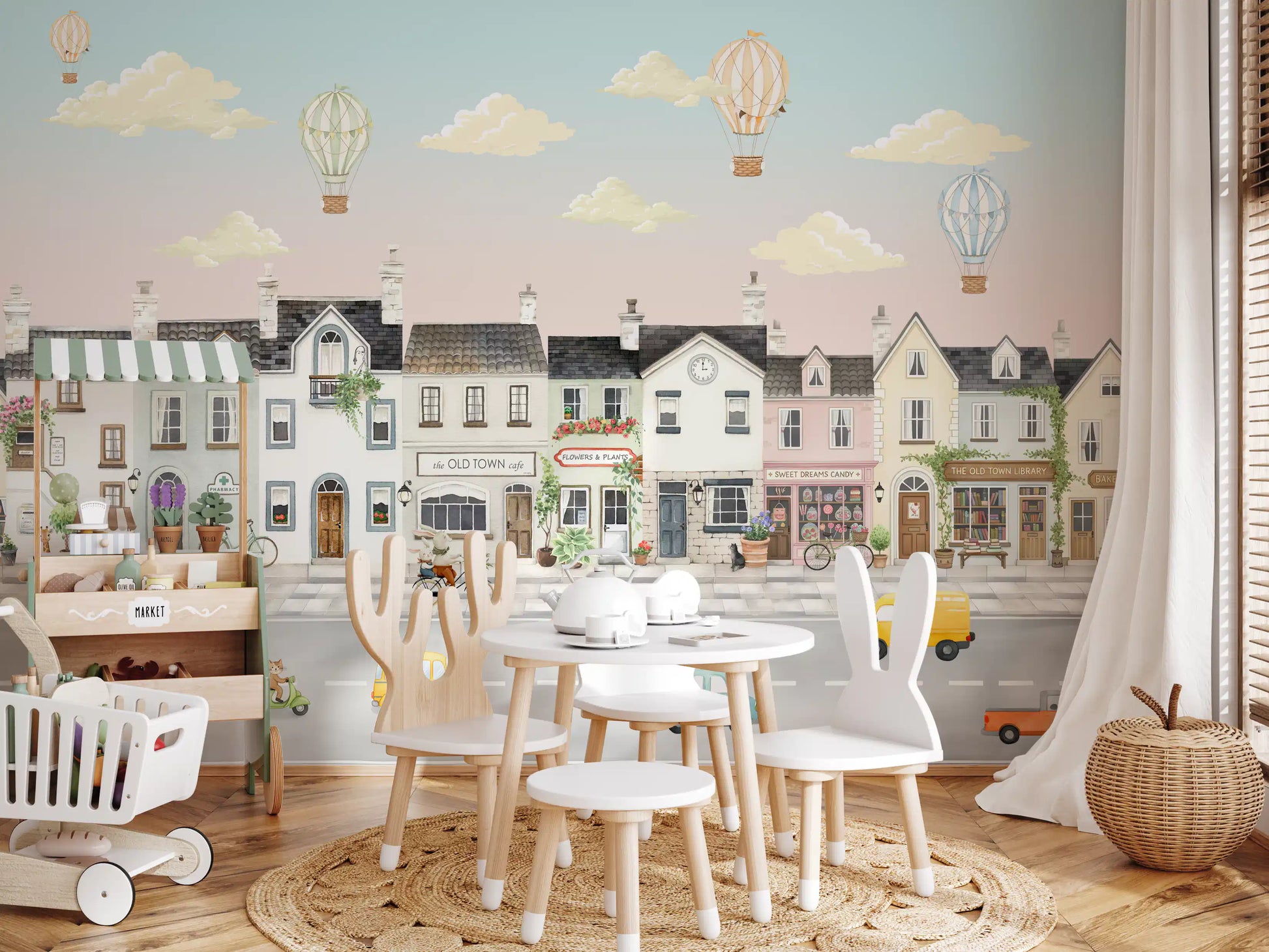 Pastel town adventure wall mural in kids dining area backdrop., GD10177