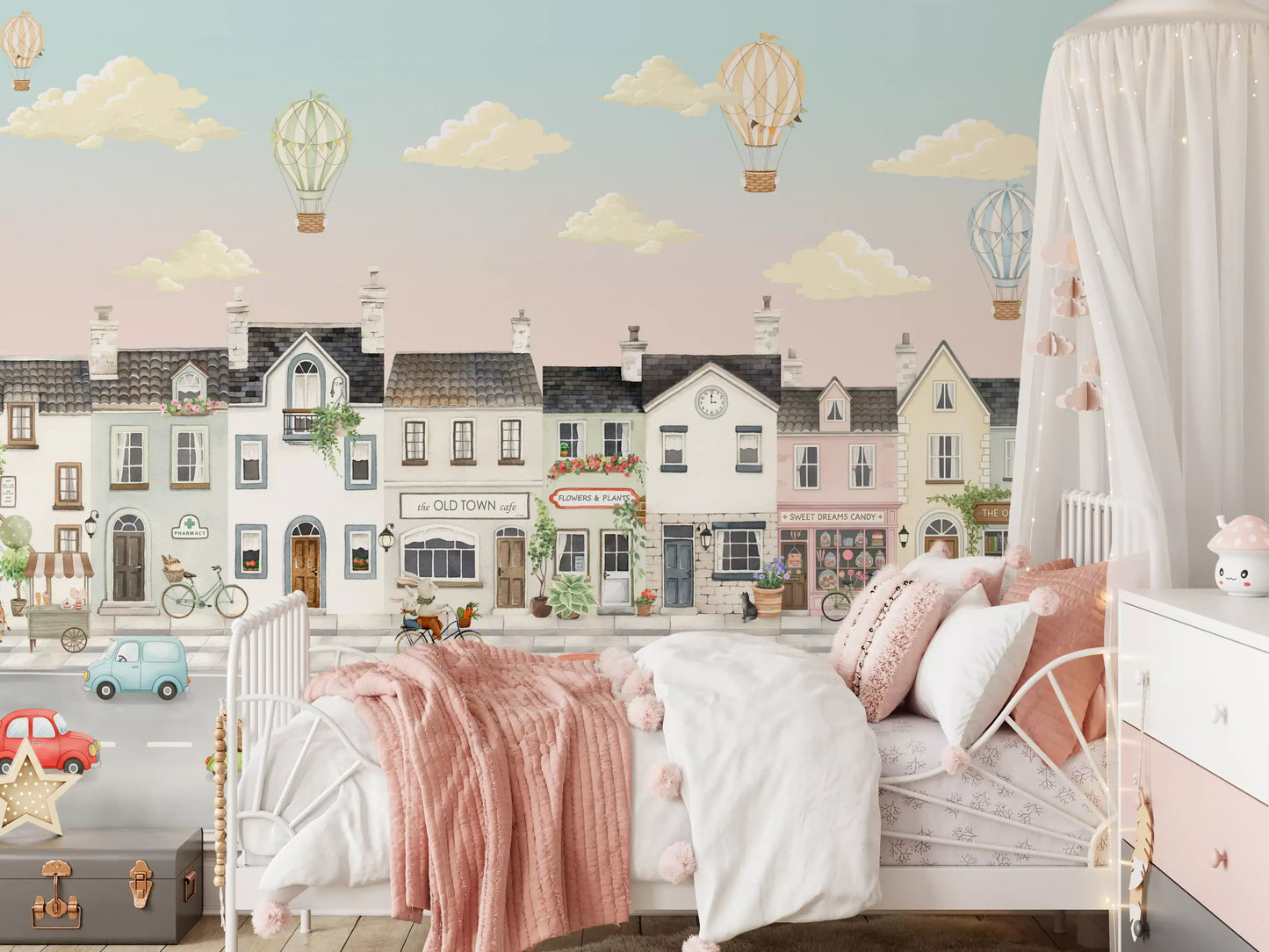 Cartoon street mural filling a kids bedroom accent wall., GD10177