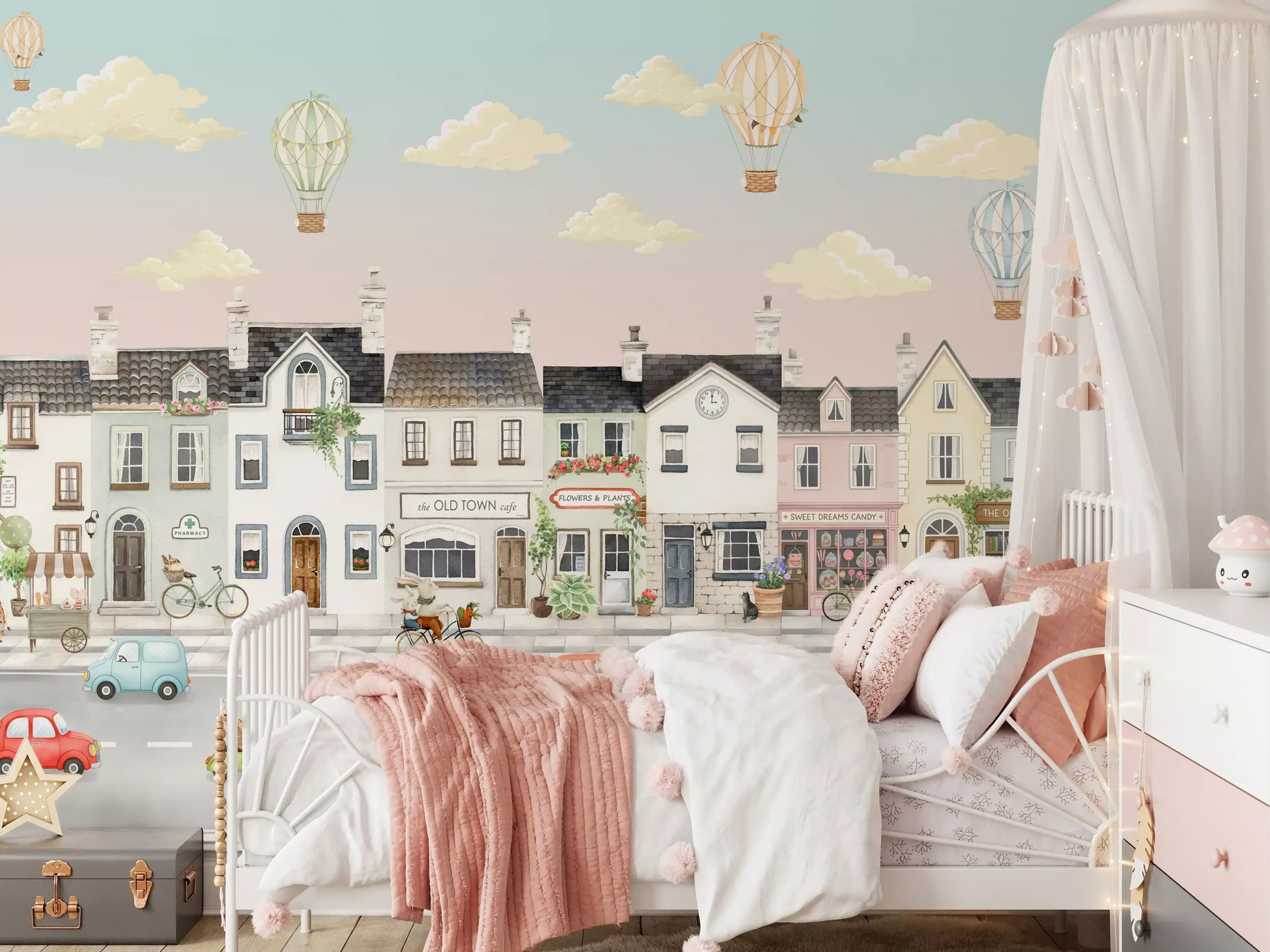 Cartoon street mural filling a kids bedroom accent wall., GD10177