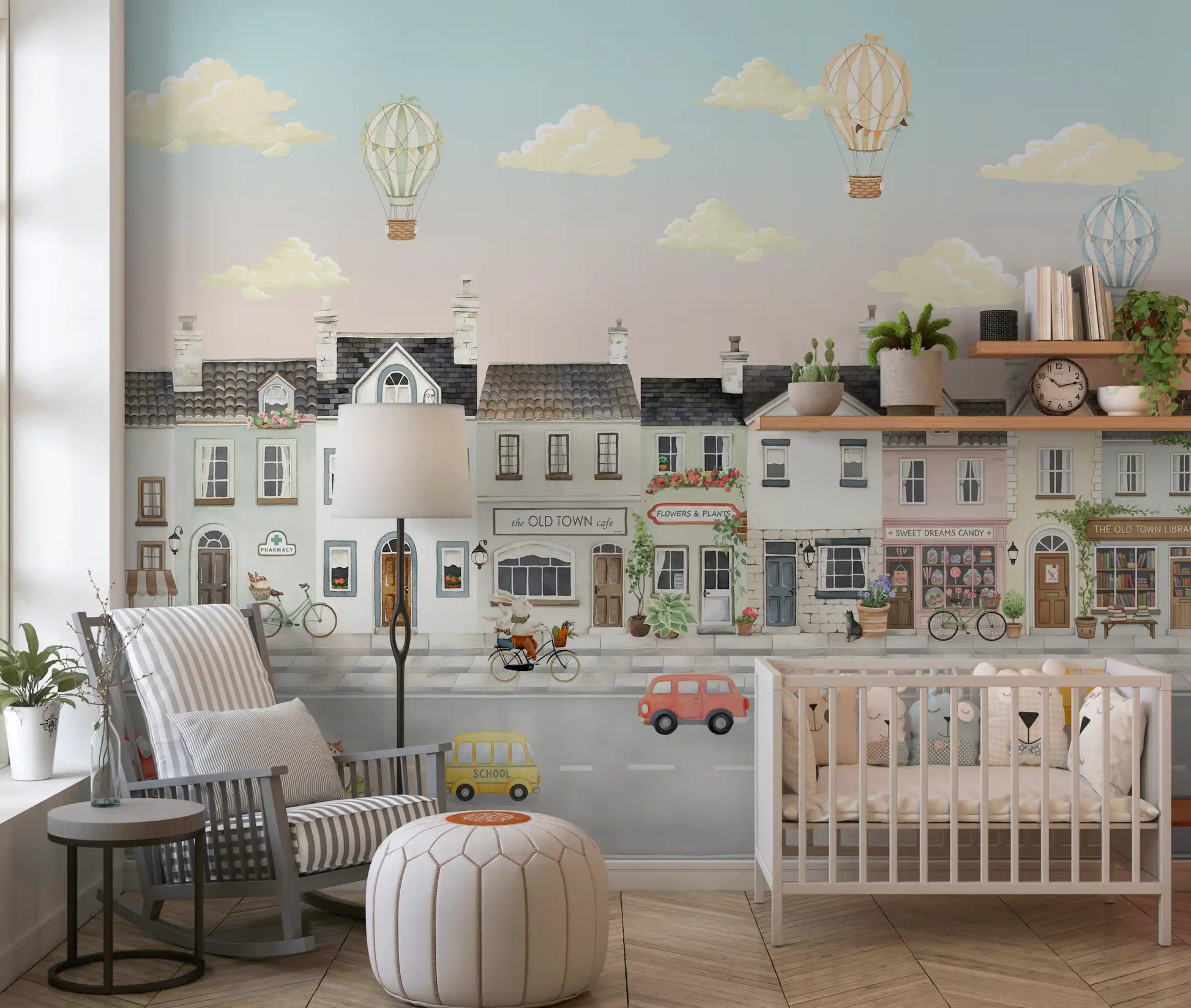Animal characters driving small cars along a cobblestone street wall mural., GD10177