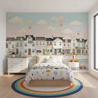 Watercolour town scene mural across a children's bedroom wall., GD10177