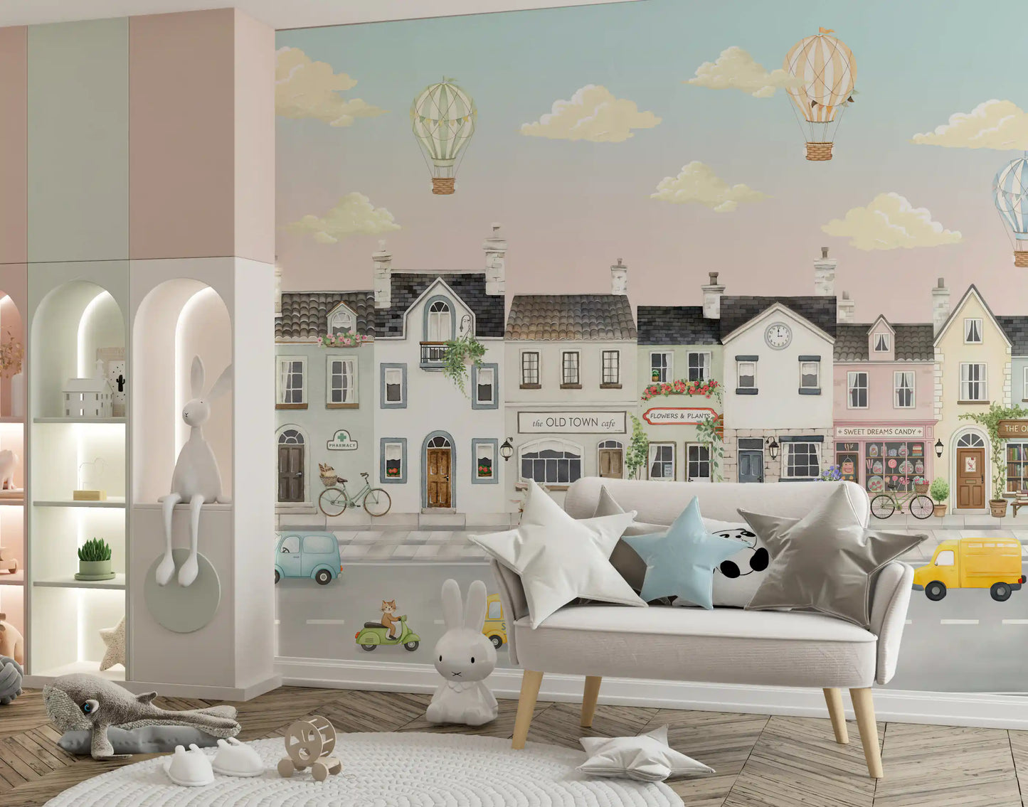 Children's town mural with hot air balloons on a nursery wall., GD10177