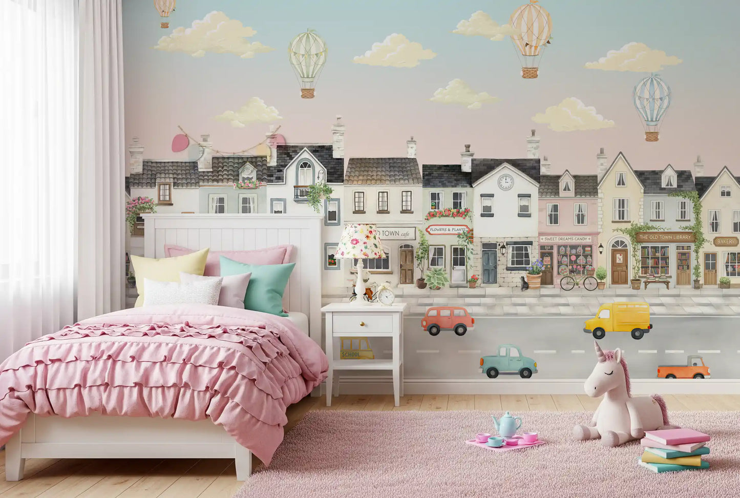 Vintage storefronts and cafe in the whimsical town wall mural., GD10177