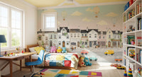 Soft pastel sky wall mural with clouds above the watercolour town., GD10177