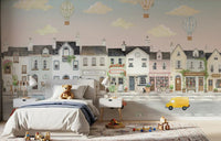 Whimsical town mural covering a kids bedroom feature wall., GD10177