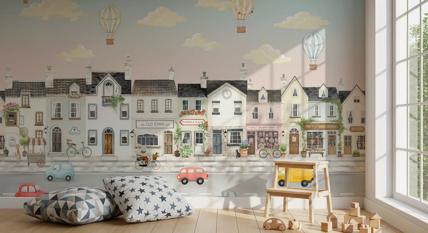 Rabbit on a bicycle and a school bus in the town scene wall mural., GD10177