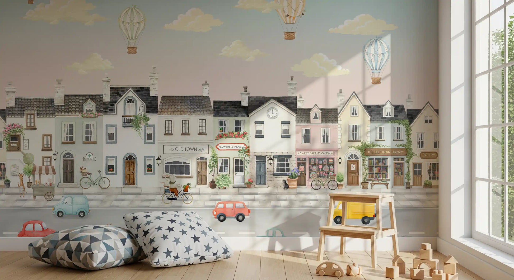 Rabbit on a bicycle and a school bus in the town scene wall mural., GD10177