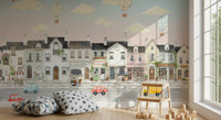 Rabbit on a bicycle and a school bus in the town scene wall mural., GD10177
