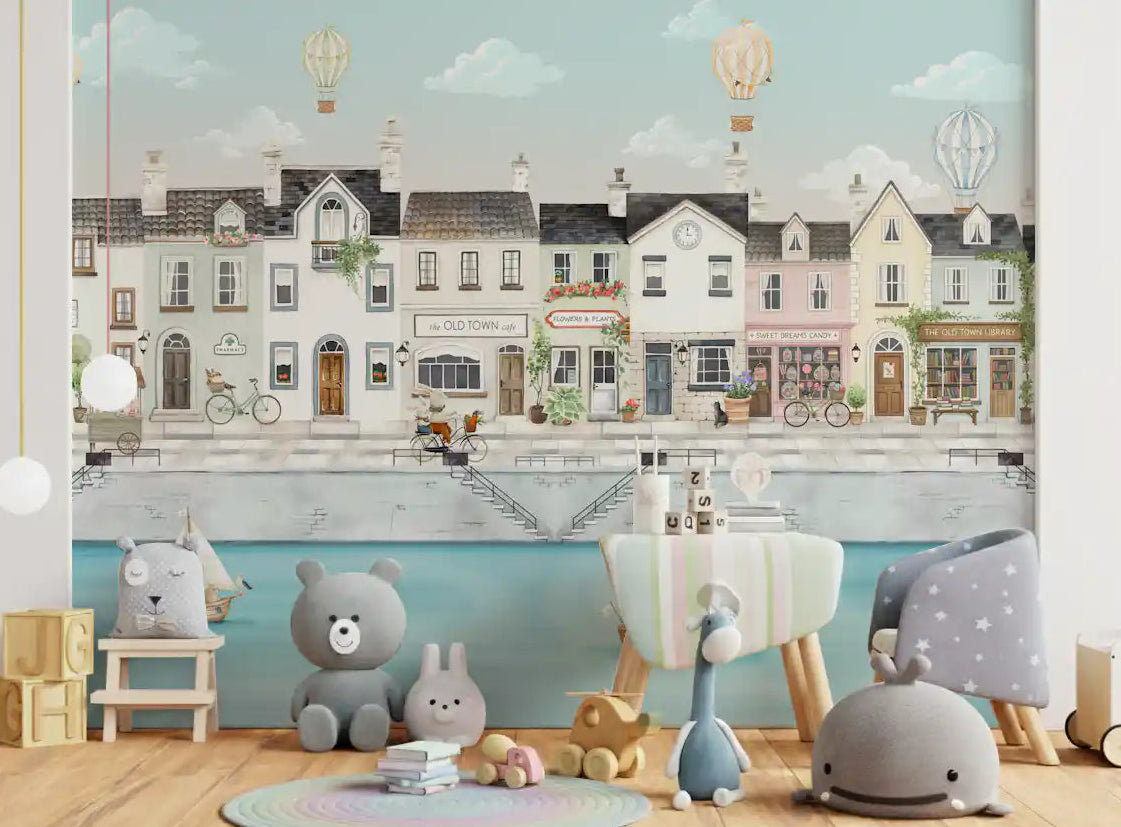 Canal town wall mural with a row of old houses along a calm waterfront in nursery., GD10178