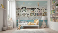 Storybook town mural covering a kids bedroom interior wall., GD10178