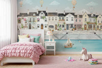 Rabbit riding a bicycle past a cafe and flower stall in a town mural for girls room., GD10178