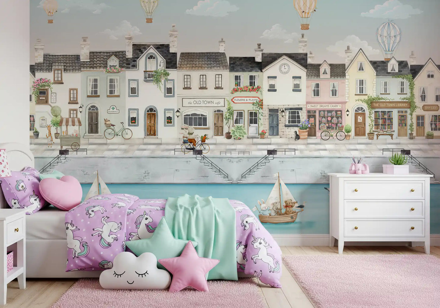 Hot air balloons drifting over a pastel canal town wall mural., GD10178