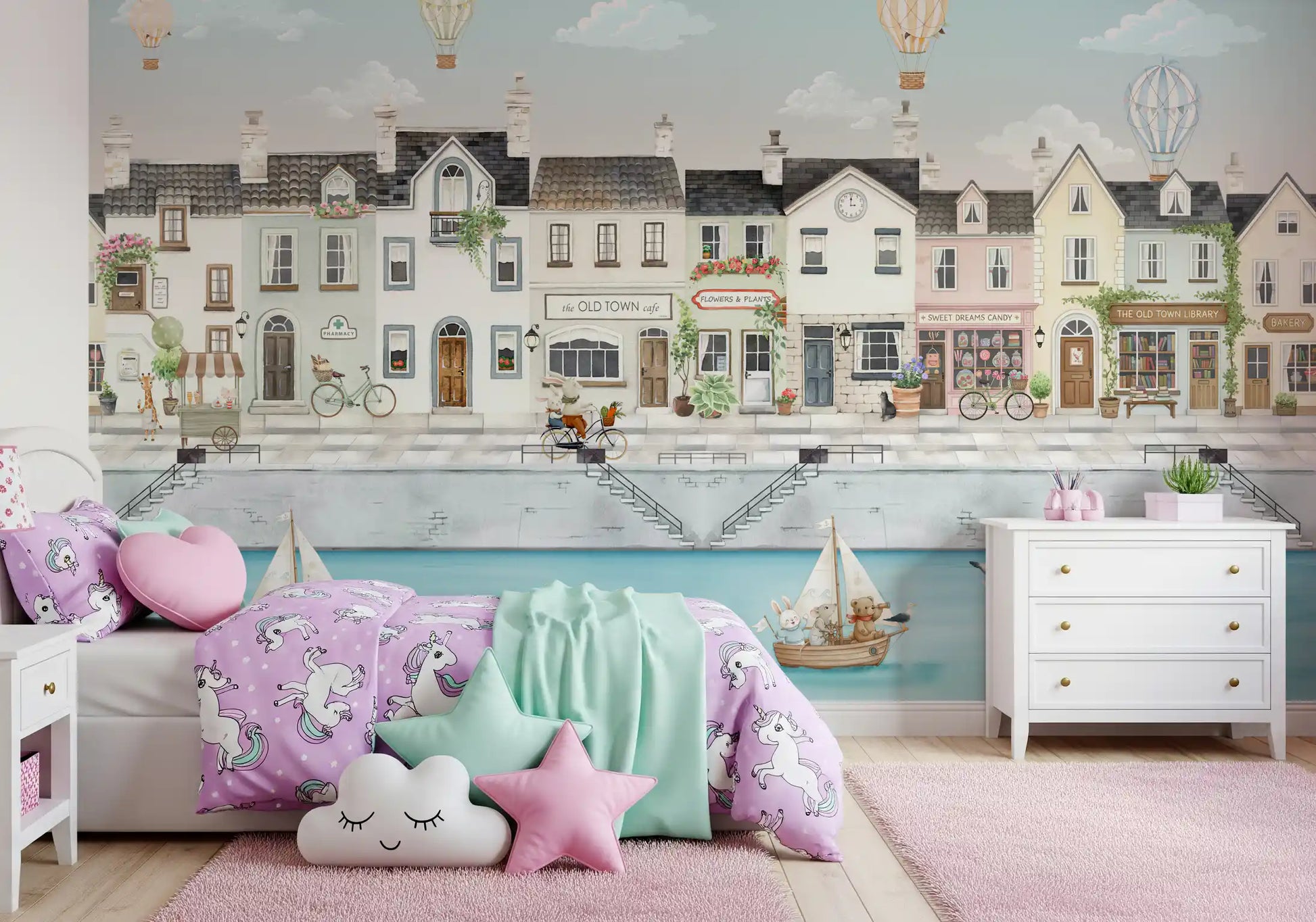 Hot air balloons drifting over a pastel canal town wall mural., GD10178