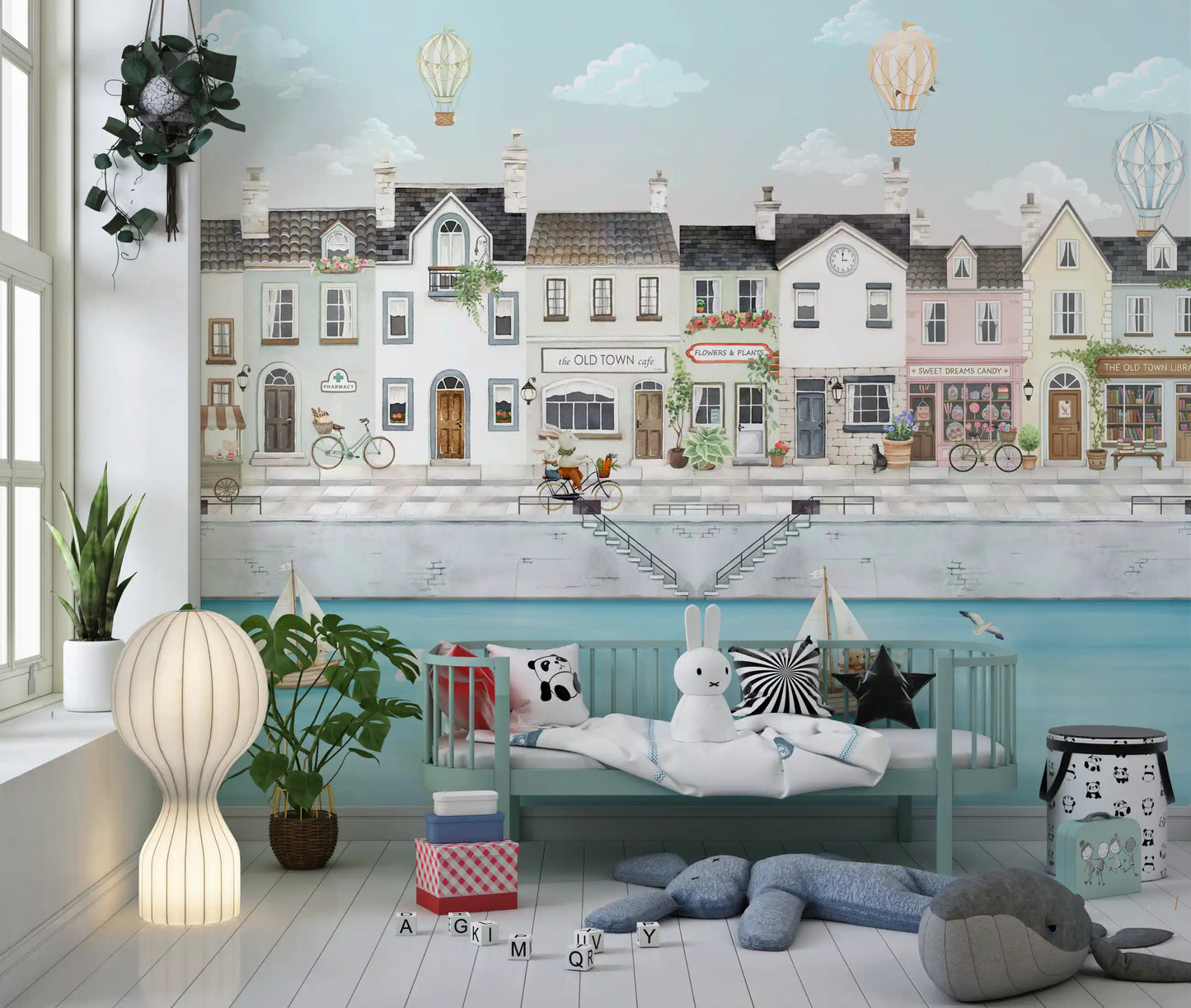 Canal town mural styled on a toddler room feature wall., GD10178