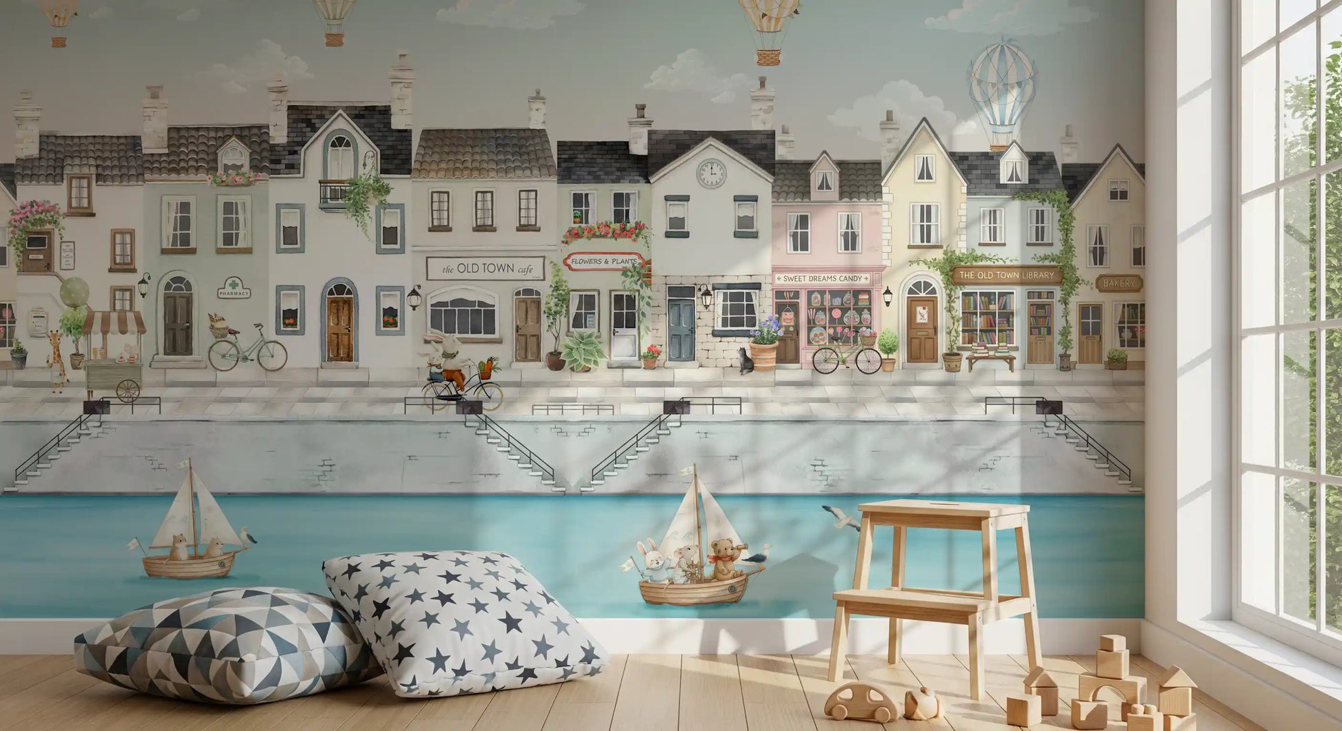 Cream and grey houses wall mural with a candy store, library and bakery fronts., GD10178