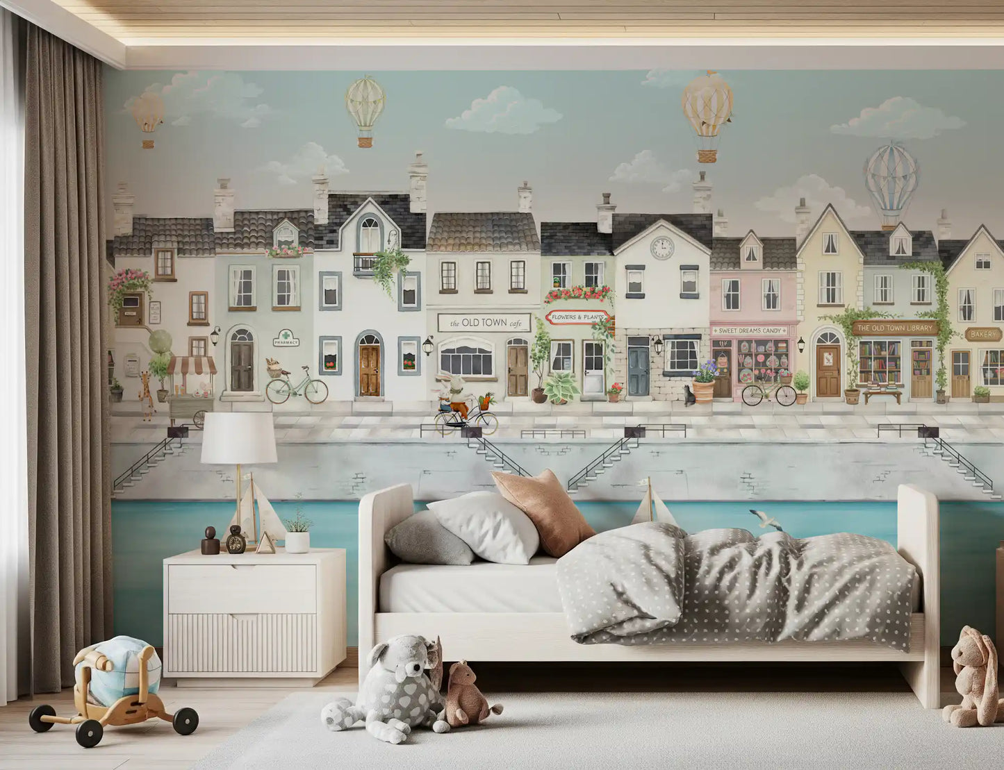 Whimsical canal town mural with boats, bicycle and waterfront houses., GD10178