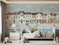 Whimsical canal town mural with boats, bicycle and waterfront houses., GD10178