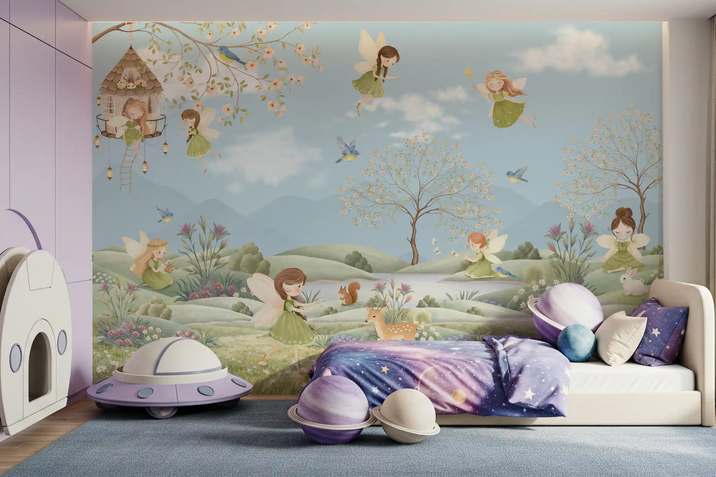 Lavender stream winding between gentle slopes in a fairy meadow mural., GD10179