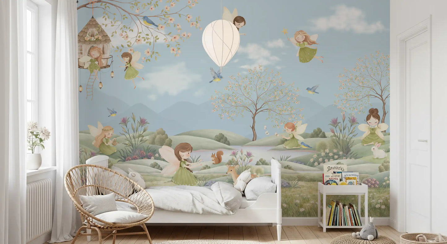Winged fairies in green and pink dresses above rolling green hills wall mural., GD10179