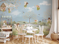 Delicate storybook fairy mural in soft greens, blues and blush pinks., GD10179