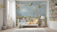 Kids bedroom wall mural with Bluebirds gliding past slender blossom trees under a pale blue sky., GD10179