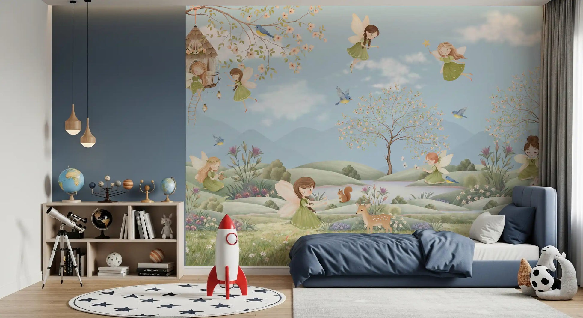 Distant misty mountains behind a flowering meadow with fairies wall mural in kids room., GD10179