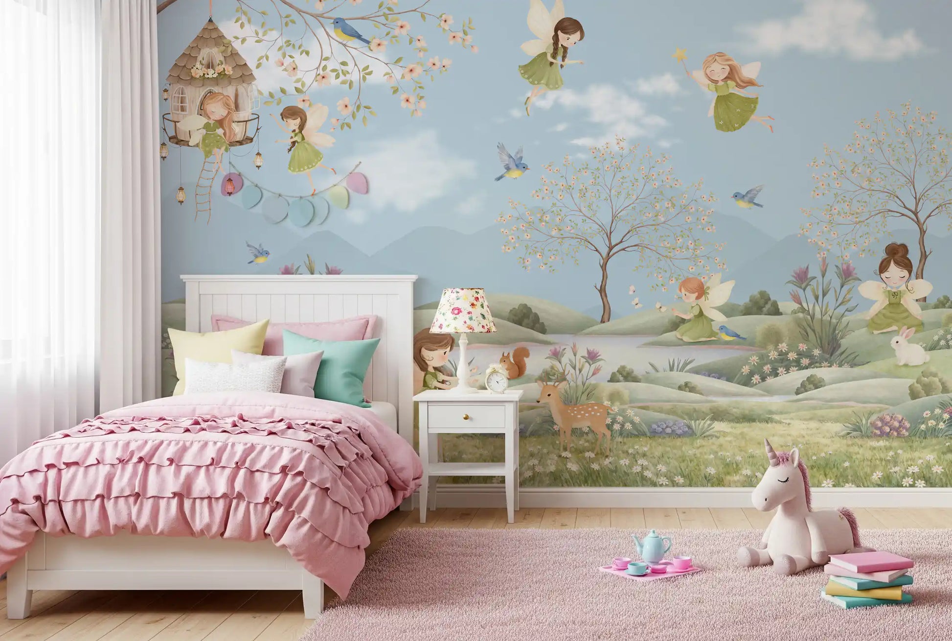 Watercolour fairy scene mural used on a calm girls room wall., GD10179