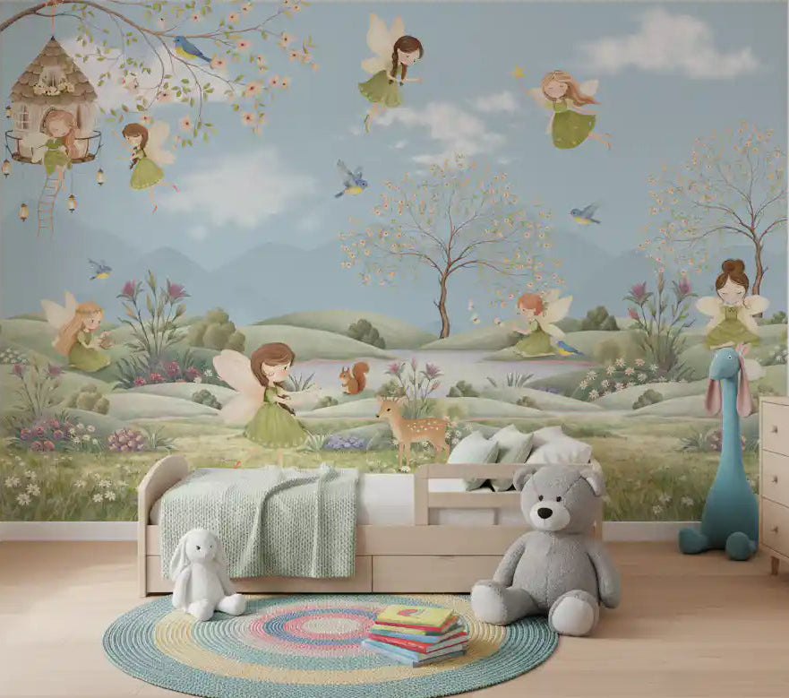 Fairy wall mural with winged fairies playing across a green meadow in kids bedroom.