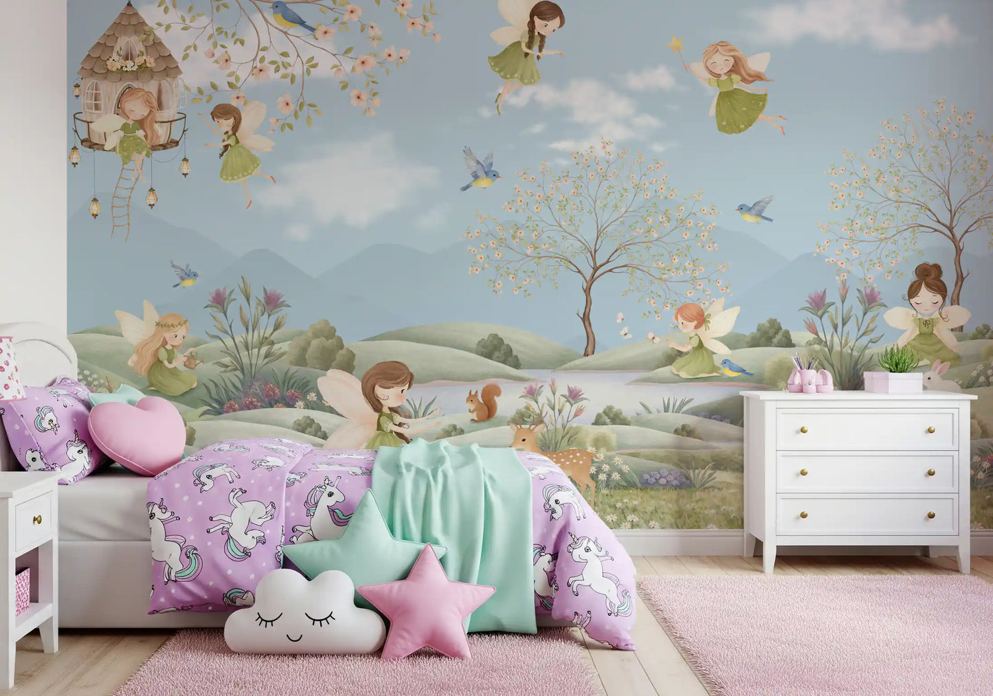 Fairy meadow mural styled as a girls bedroom feature wall., GD10179