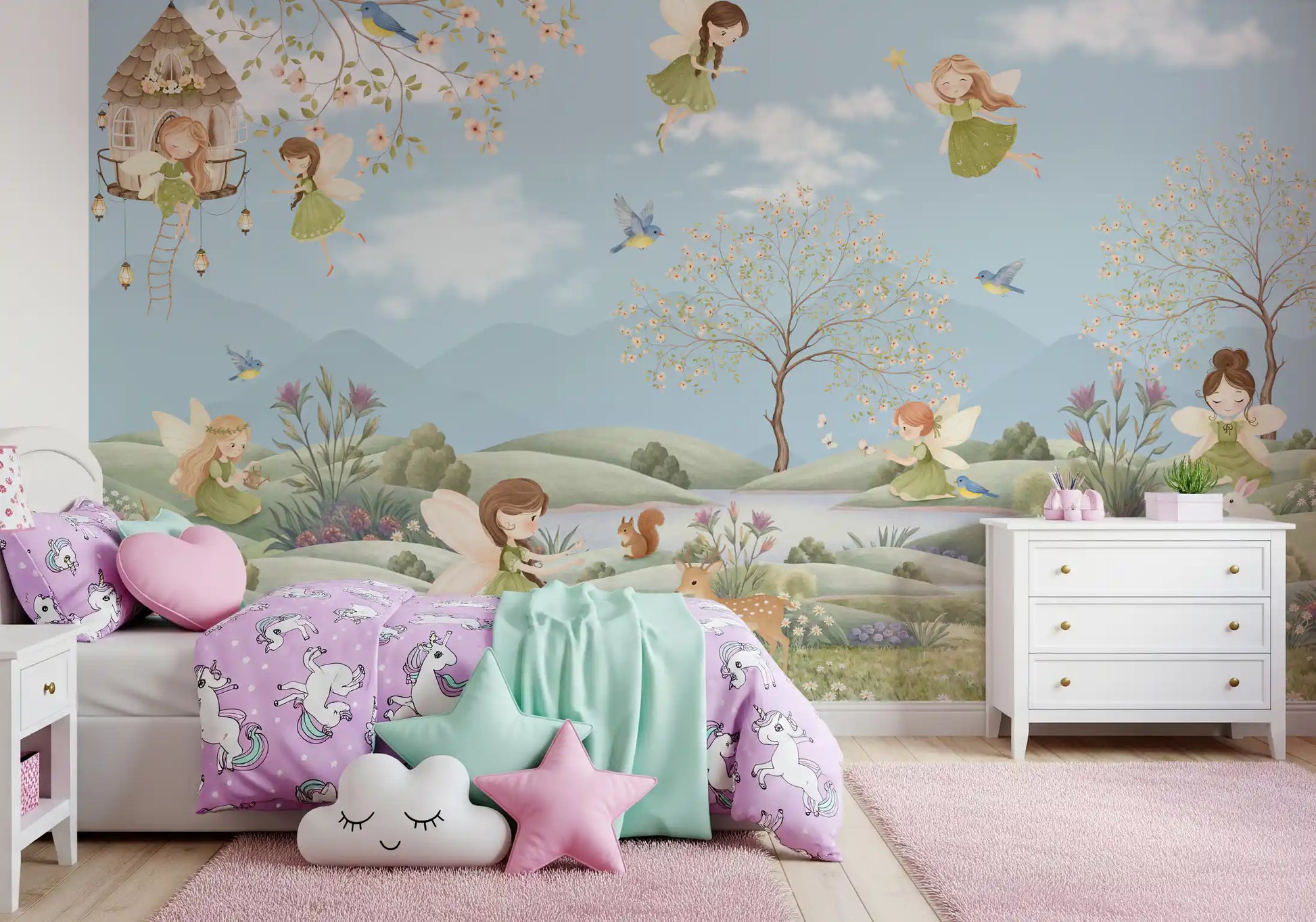 Fairy meadow mural styled as a girls bedroom feature wall., GD10179