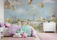 Fairy meadow mural styled as a girls bedroom feature wall., GD10179