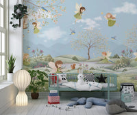 Spotted fawn, white rabbit and red squirrel in a soft watercolour meadow wall mural for toddler room., GD10179