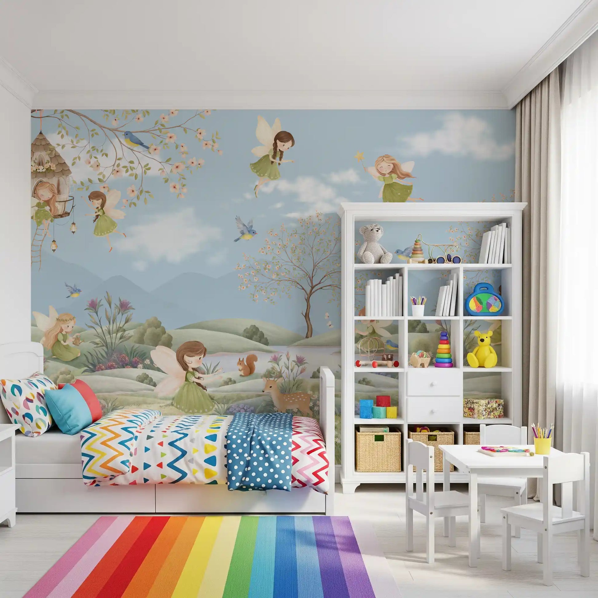 Hanging treehouse wall mural with a ladder and lanterns in a blossom branch, GD10179