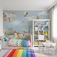Hanging treehouse wall mural with a ladder and lanterns in a blossom branch, GD10179