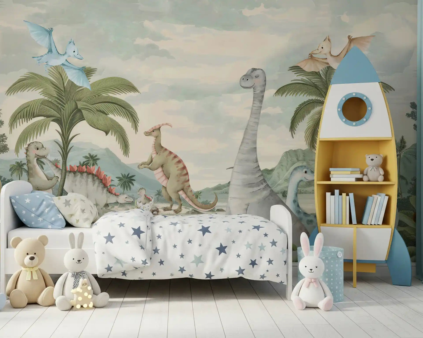 Whimsical dinosaur mural covering a kids room wall with palms and mountains, GD10180