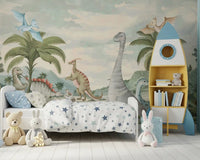 Whimsical dinosaur mural covering a kids room wall with palms and mountains, GD10180